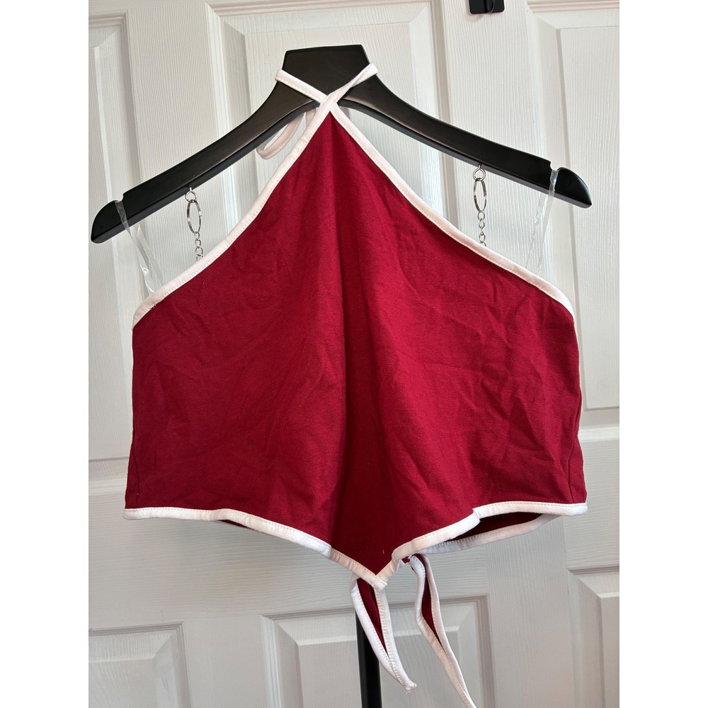 Wild Fable Womens Maroon White Ringer Halter Handkerchief Tie Back Top L NEW